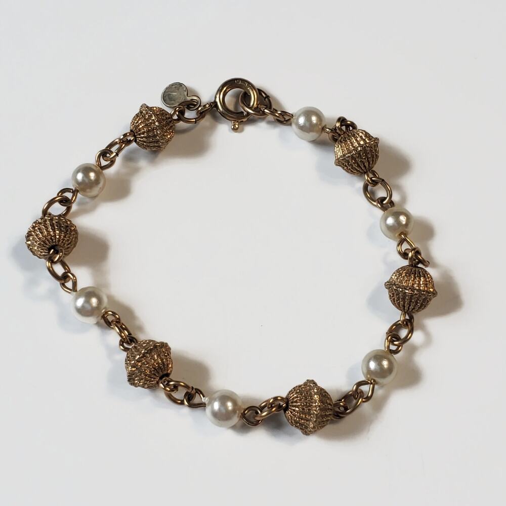 Vintage Tk 12k Gold Filled Faux Pearl Bead Bracelet 6.5 in.